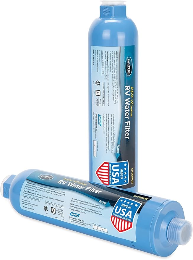 Camco TastePURE Camper/RV Water Filter | Inline Water Filter Reduces Bad Taste, Odor, Chlorine & Sediment | Ideal for RVs, Campers, Travel Trailers, Boats | Made in the USA | 2-Pack (40045) and Camco TST MAX Camper/RV Toilet Treatment Drop-INs | Contro...