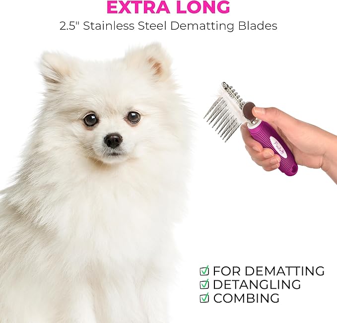 Poodle Dematting Fur Rake Comb Brush for Dogs and Cats - Long 2.5" Steel Safety Blades Metal Comb for Detangling Matted or Knotted Undercoat Hair - AquaVibe