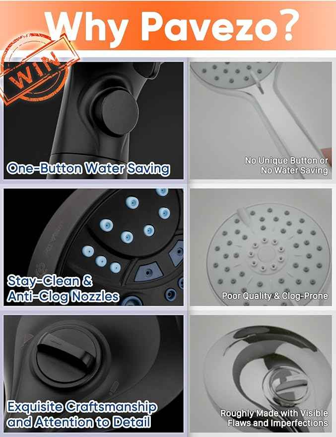 Pavezo® High Pressure Handheld Shower Head with Filter, ON/OFF Switch Pause Button, 10-mode Shower Head with Hard Water Softener Filters, SS Hose, Anti-clog & Powerful to Clean Tile & Pets, Black