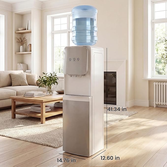 4 in 1 Water Cooler Dispenser with Ice Maker, Hot & Cold Water Dispenser for Home & Office, 33lbs/24H Bullet Ice, Top Loading 3-5 Gallon, Child Safety Lock, Ice Ready in 7 Min (White -Silver)
