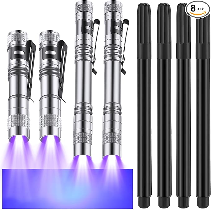 Tegeme 8 Pcs Black Light Markers Set 4 Invisible Ink Pen 4 Mini UV Flashlights Invisible Ink Marker Disappearing Pen for Spy Gadgets Secret Message Gift Party Favors(Silver and Black)