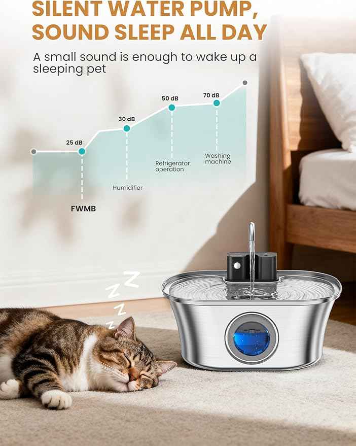 Cat Water Fountain Stainless Steel Cat Fountains for Drinking-108oz/3.2L Quiet Water Fountain for Cats Wireless Cat Water Fountain with Water Level Window for Cats&Dogs Indoor (3 Filter)