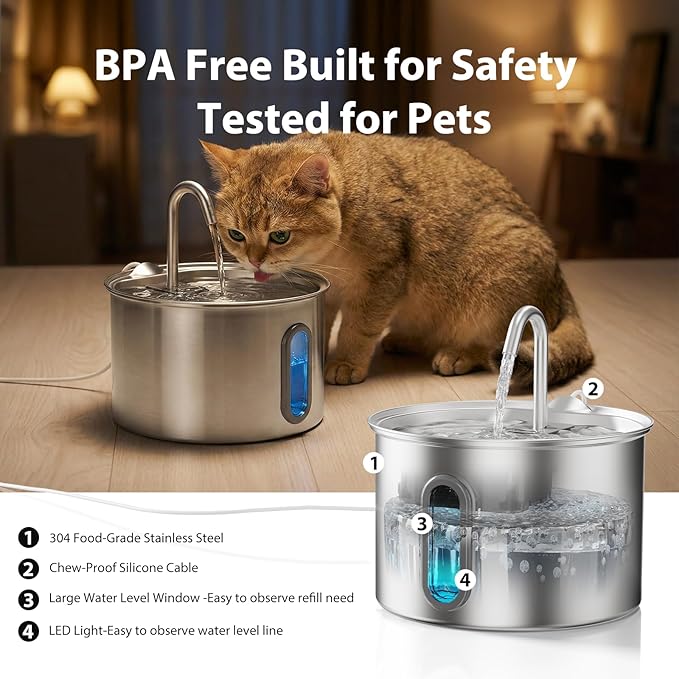 304 Stainless Steel Cat Water Fountain - 2.8L/95oz Quiet Electric Pet Water Fountain with Multi-Stage Filtration, Easy to Clean & Assemble (Pet Water Fountain+6 Filters)