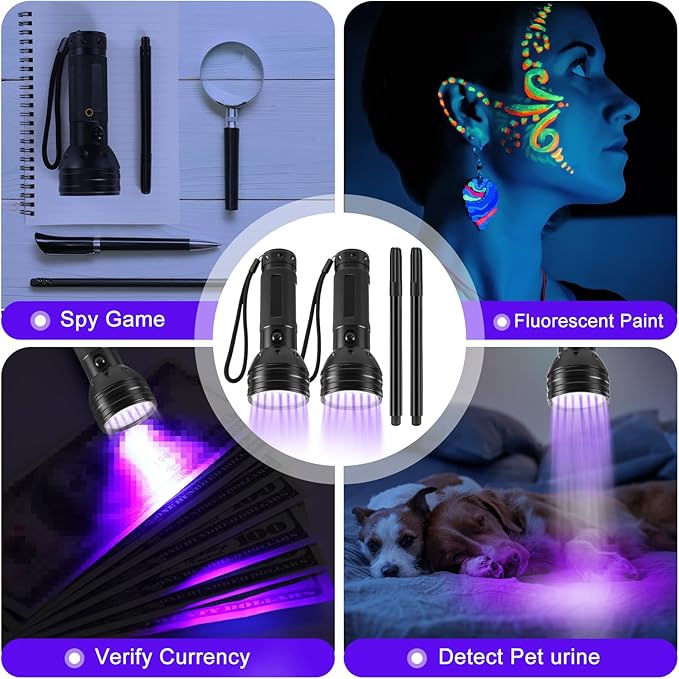 Tegeme 4 Invisible Ink Pen Set 2 Invisible Marker 2 Blacklight Flashlights with UV Black Light Markers Disappearing Ink Pen for Secret Notes Holiday Gifts Favors(51 LED)