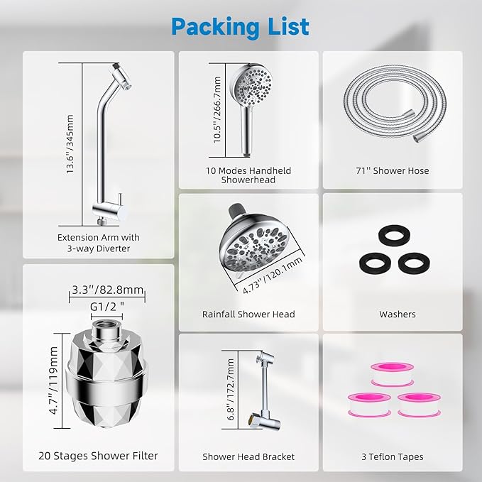 Filtered Shower Heads, All Metal Dual Shower Head with Easy Reach Handheld Spary Combo, 3-Way High Pressure 70 Modes Rainfall Showerhead, 71" Hose, Shower Bracket, 20 Stage Shower Filter, Chrome