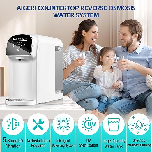 Aigerri UV Reverse Osmosis Water Filter Countertop System, 5-Stage RO Filtration System, No Plumbing Required, 5:1 High Efficiency Water Saving, Compact Reverse Osmosis Purifier for Home, Kitchen
