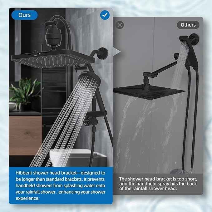 Hibbent 5-spray Dual Filtered Rainfall Shower Head Combo, High Pressure 13'' Showerhead with 10 Spray Mode Handheld, Easy Reach 4-way Diverter Shower Arm with Pause Mode, 71'' Hose and Holder, Black