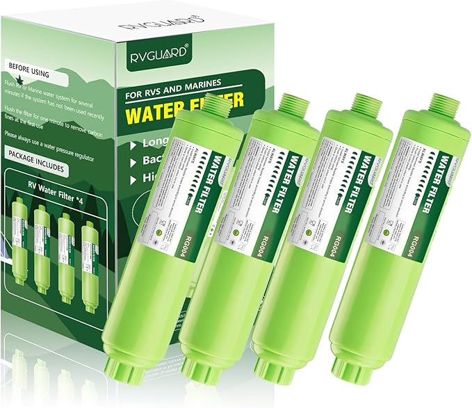 RVGUARD Inline RV Water Filter, Reduces Odors, Bad Taste, Rust, Chlorine, Ideal for RV and Marine use, 4 Pack