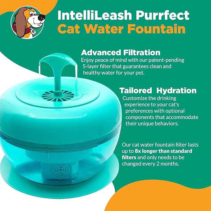 IntelliLeash PURRoducts Purrfect Water Fountain for Cats and Small Dogs with Premium 5-Layer Filter That Lasts Up to Two Months. Splash Free and Tip-Proof Design. Low Water Auto Shut-Off Feature.