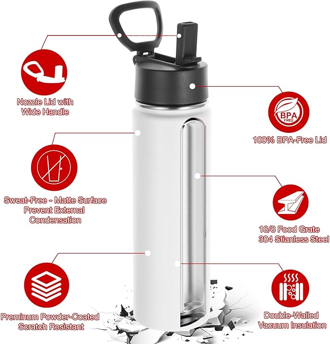 Volhoply Insulated Water Bottles with Straw Bulk 4 Pack, Not Suitable for Sublimation, 22 oz Stainless Steel Double Walled Vacuum Sports Bottle with Handle Lid,(White,4 Set)