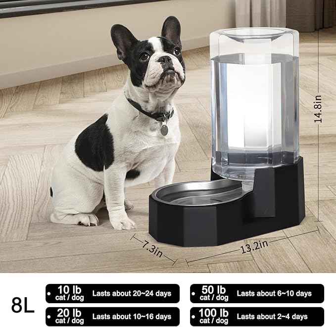 Sfozstra Large Dog Water Dispenser: 8L Large Capacity Gravity Water Feeder - Less Refills for Multi-Pet Homes - Stainless Steel Bowl - Easy Refill & Maintenance - for Medium/Large Dogs - Garage/Patio
