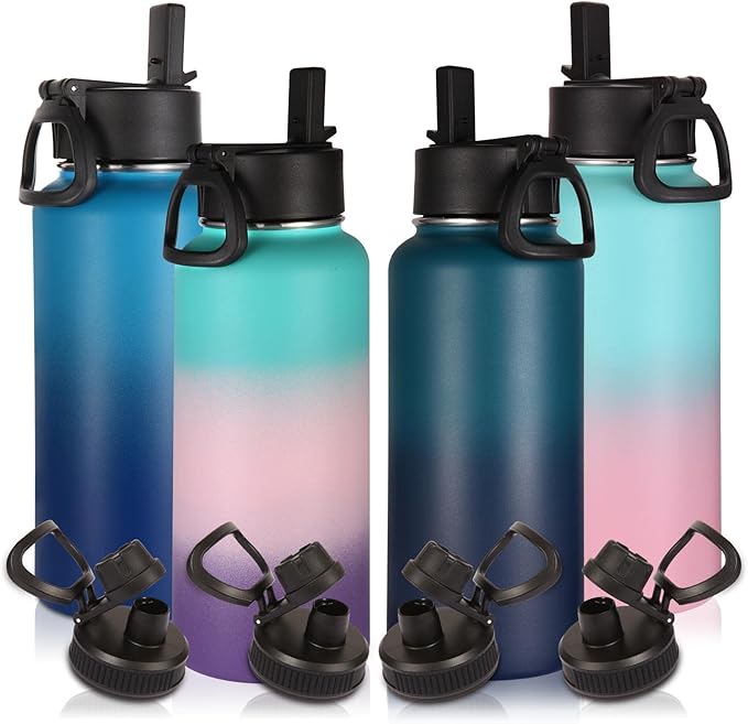 Volhoply 32 oz Water Bottles Bulk 4 Pack with Straw Lid & Spout Lid,Insulated Sports Water Bottle,Double Wall Vacuum Stainless Steel Cups,Leakproof Wide Mouth Metal Flask for Travel(Assorted,4)