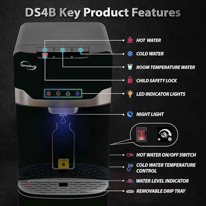 iSpring Bottleless Water Dispenser with Built-in 4-Stage Filtration, Hot/Cold/Room Temp, Self Cleaning, Stainless Steel, Model: DS4B
