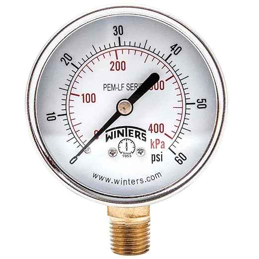 Winters 2-1/2 inch Dial Size, Economy Utility Pressure Gauge, Potable Brass Internals, Steel Case, Dual Scale 0-60 psi/kPa, 3-2-3% Accuracy, 1/4 inch NPT Bottom Mount, Drinking Water Pressure Gauge