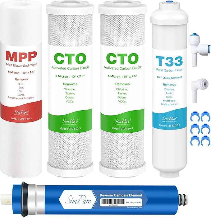 SimPure 50 GPD Revers Osmosis Water Filter Replacement Set, Compatible with APEC ESSENCE Series ROES-50, RO Filters Replacement for Most 10" Under-Sink Water Filter System Stage 1-5