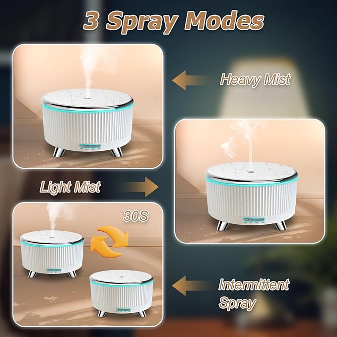 Essential Oil Diffuser for Large Room 500ml,Diffusers for Home with R/C,Aromatherapy Diffuser Waterless Auto Off,Cool Mist Humidifier 7 Colors Light & 3 Mist Modes for Bedroom Office White Silver