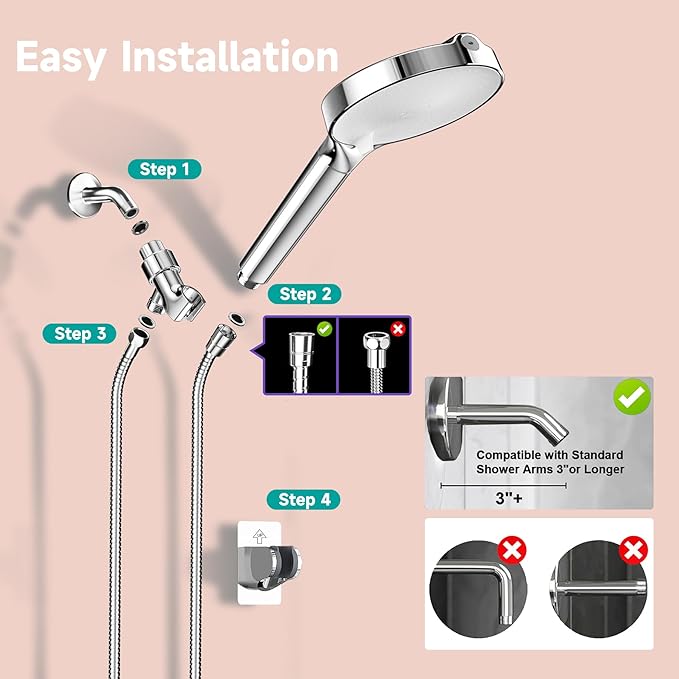 6“ Filtered Shower Head with Handheld, 6 Modes High Pressure Shower Head with Filter for Hard Water, Detachable Showerhead with Stainless Steel Hose and Shower Arm Bracket, Chrome-White - AquaVibe