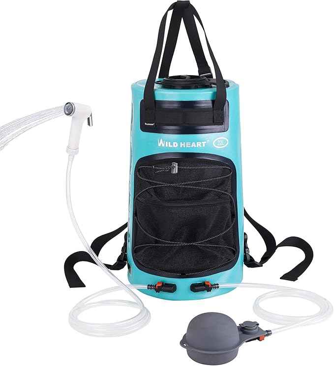 WILD HEART Camping Shower 22L/ 12L Portable Shower for Camping with Pressure Foot Pump and Hose - Solar Shower Bag Backpack for Camping, Road Trip & Outdoor Use