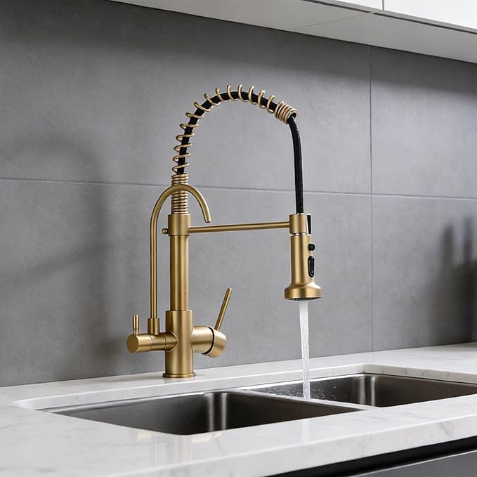 Commercial 3 in 1 Spring Brushed Gold Kitchen Faucet, High Arc Single Hole Pull Down Sprayer Kitchen Sink Faucet, RO System Water Filter Faucet Integrated into Kitchen Faucet