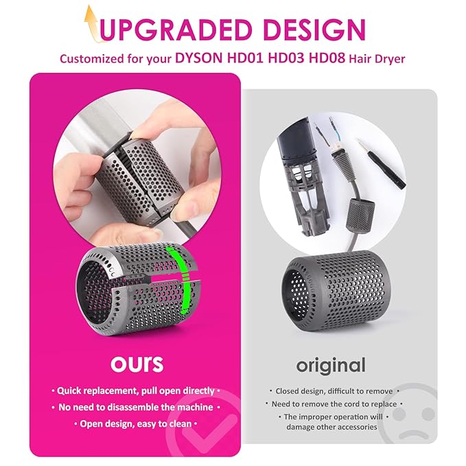 Upgraded Hair Dryer Filter Replacement for Dyson Supersonic HD01 HD03 HD08 Hair Dryer Attachment, Hair Dryer Outer Filter Repair Accessories with Filter Cleaning Brush(Metallic Gray)