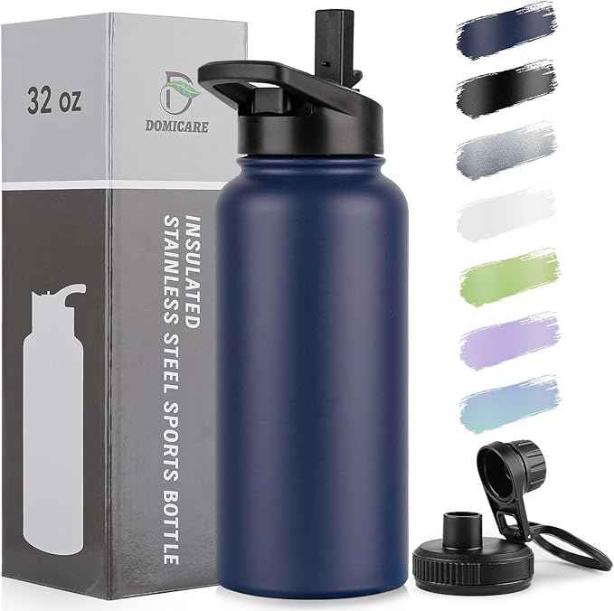DOMICARE 32 oz Insulated Water Bottle, Vacuum Insulated Stainless Steel Sports Water Bottle with Straw Lid & Spout Lid, Leakproof, Reusable - Travel, Camping, Bike, Navy Blue