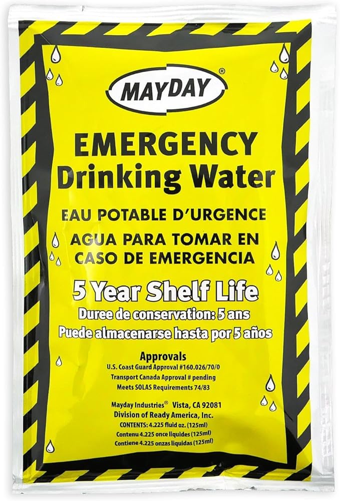 Mayday Pouch Water, Coast Guard Emergency Water, 5-Year Shelf LIfe, Disaster Preparedness Supplies for, Earthquake, Fire, Flood, Leak-Proof Pouches, 4.225 Oz/125Ml 50 Pack