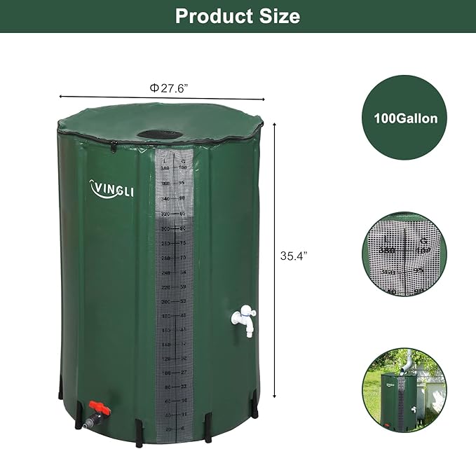 VINGLI New 100 Gallon Collapsible Rain Barrel with Volume Scale Mark, Portable Water Storage Container Rain Catcher Barrel, Rainwater Collection System Downspout with Filter Spigot Overflow Kit …