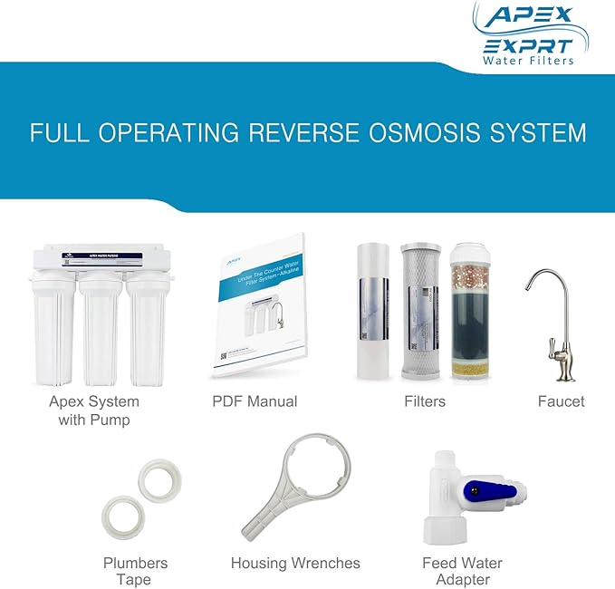 APEX Under Sink Drinking Water Filter - 3 Stage Inline Under Kitchen Counter Purification System - Max Flow Brushed Nickel Faucet