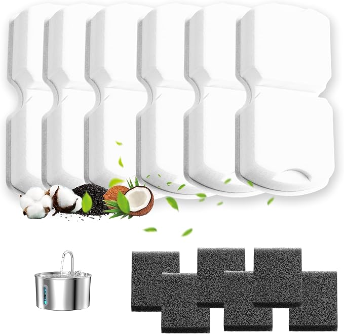 Cat Water Fountain Filters: 6 Filters + 6 Sponges Cat Fountain Replacement Filters for Cat Fountain with Activated Carbon Filter and Ultra-fine Fiber