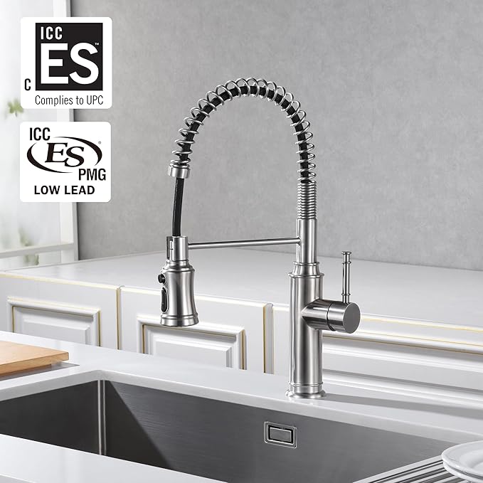 Sumerain Pull-Out Spring Sprayer Kitchen Sink Faucet with 360° Rotating Spout and Single Level Handle, Brushed Nickel