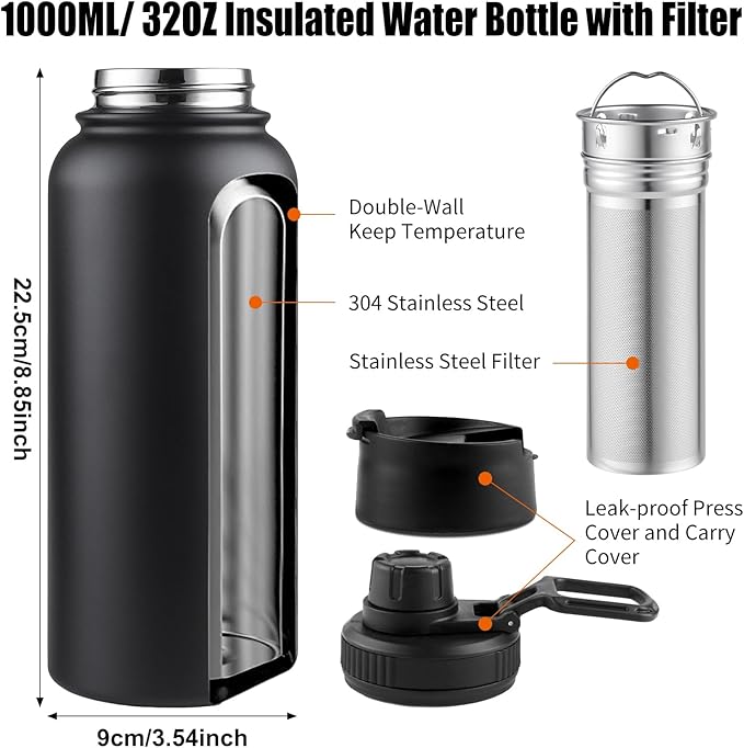 Sivaphe 32 oz Tea Infuser Bottle With Removable Filter,18/8 Stainless Steel Insulated Water Bottle for Loose Leaf Tea,1L Strainer Travel Tumbler with Lid Black