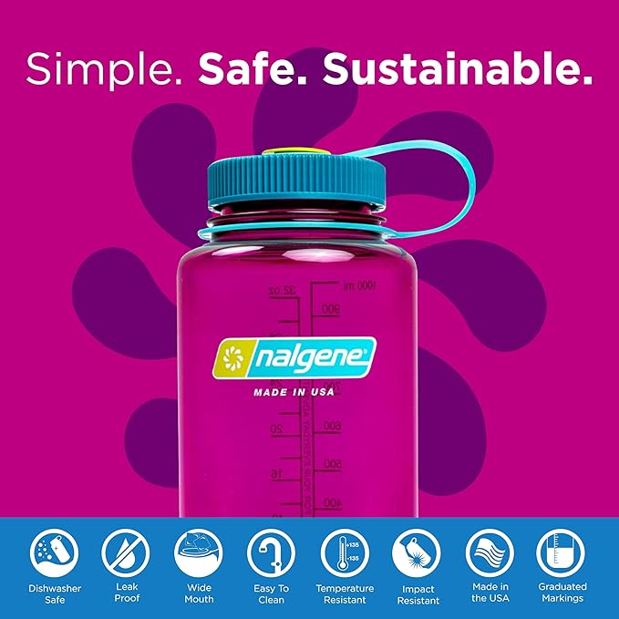 Nalgene Leak Proof Tritan BPA-Free Water Bottle - 32 oz Wide Mouth - Made in the USA for Outdoor Use & Daily Hydration (Eggplant)