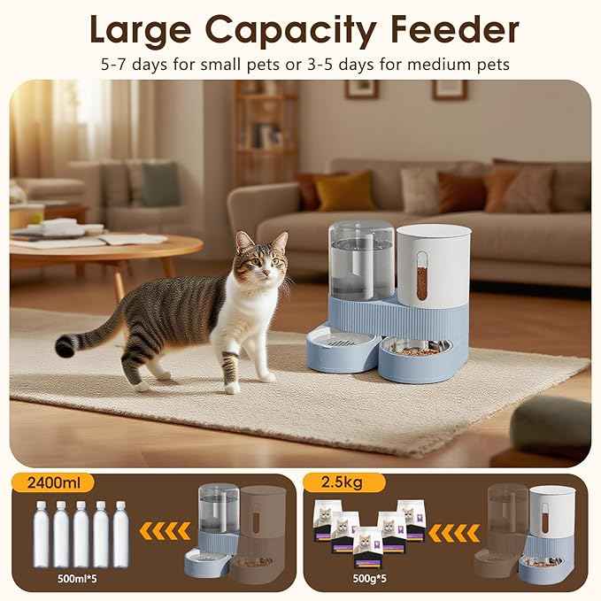 Automatic Gravity Cat Dog Feeder and Water Dispenser with 304 Stainless Steel Bowls 2 in 1 360 Degree Rotatable Auto 2.4L Dry Food and 2.6L Water Bowl for Small Medium Pet Dog Puppy Kitten (Blue)