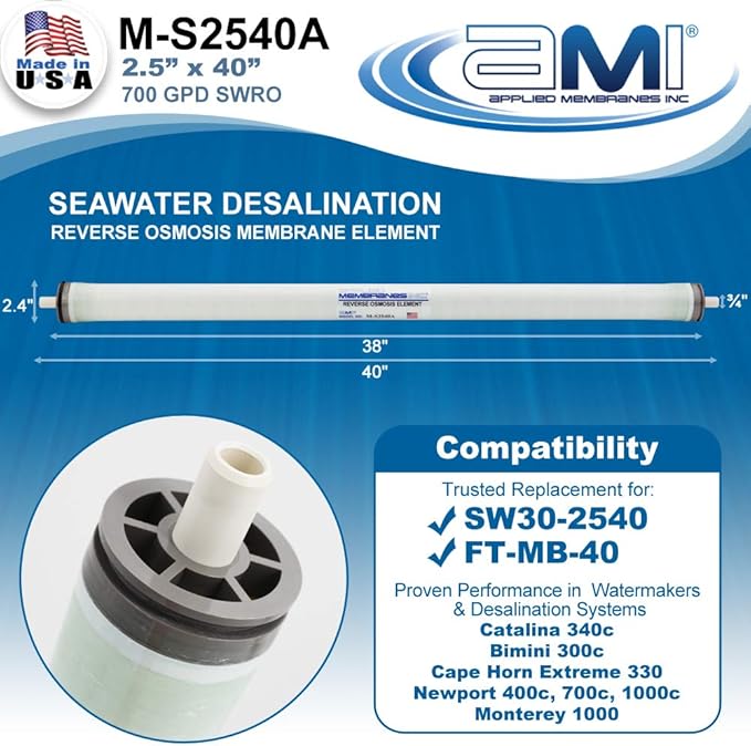 2.5" x 40" Seawater RO Membrane | Watermaker Replacement Membrane | Applied Membranes M-S2540A 700 GPD SWRO(2.5" x 40")
