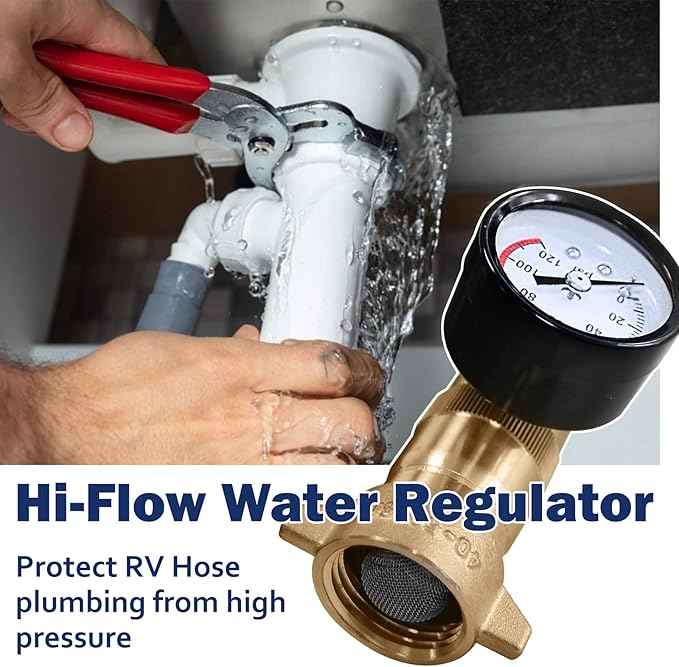Cupohus Brass RV Water Pressure Regulator (40-50PSI) with Gauge and Filter Screen, 3/4” NH Monitor Water Hose Pressure,for RV Camper, Travel Trailer and More