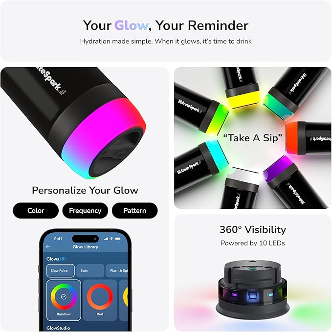 Hidrate Spark PRO Lite Bundle Smart Water Bottle - Tracks Water Intake & Glows to Remind You to Stay Hydrated, Chug & Straw lid, 24oz (Black)