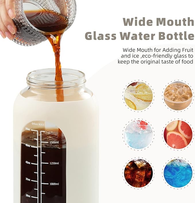 SIEROZUR 64 oz Glass Water Bottle with Straw and Handle Lid Half Gallon Motivational Glass Bottle with Silicone Sleeve and Time Marker Large Reusable Sports Water Jug for Gym Home Workout