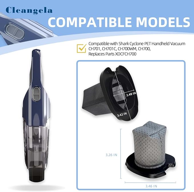 8 Pack CH701 Hand Vacuum Filter, Washable, Replacement Filter for Models: Shark Cyclone PET Handheld Vacuum CH701, CH701C, CH700WM, CH700, Replaces Parts XDCFCH700, Grey - AquaVibe