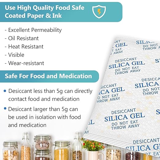 Premium Desiccant Silica Gel Packets with Color Indicating - Rechargeable Moisture Absorbers for Food Grade Silica Packets for Foods, Seeds, 3D Filaments, Electronics, Safes (150, 5 Gram)
