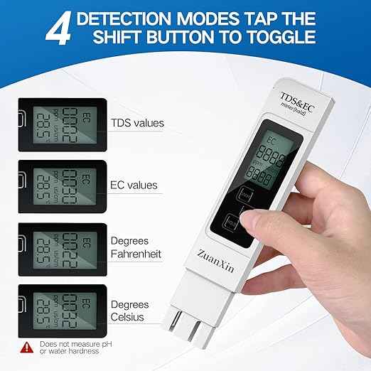 TDS Meter, 4 in 1 Water Quality Meter, Accurate and Reliable Digital TDS EC & Temp(°C,°F) TDS Meter 0-9990PPM Water PPM Tester for Drinking Water RO/DI System Aquarium (White)