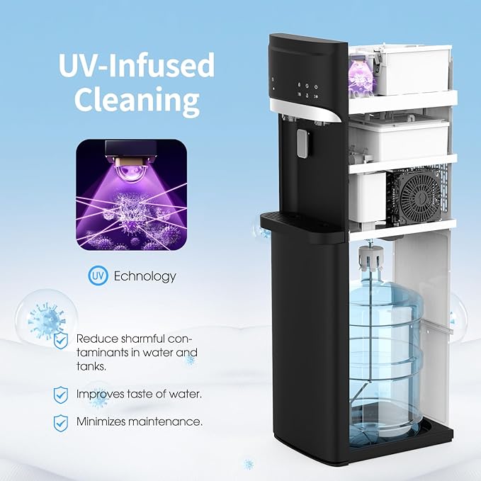 Self Clean Water Cooler Dispenser and Ice Maker Bottom Load for 5 Gallon Ice 22lbs Daily Capacity 3 Temperature Settings Full Alert Night Light Black