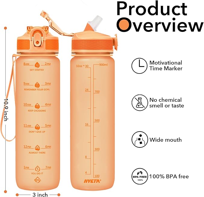 Hyeta 32oz Water Bottles with Straw - Stay Motivated and Hydrated with Convenient Times to Drink Markings, Durable, Leak-proof