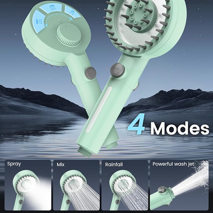 Filtered Shower Head with Handheld, High Pressure 4 Spray Mode Showerhead with Filters, Water Softener Beads for Hard Water with ON/OFF Switch for Pets - Remove Chlorine (Green, 5 Inch Panel)