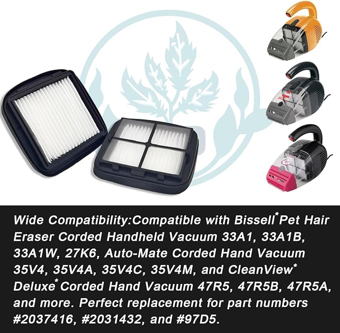 NKA 97D5 Pet Hair Eraser Filter Replacement, Compatible with Bissell Pet Eraser Corded Handheld Vacuum 33A1, 35V4, 47R5 Series, Replace Part #2037416, 2031432 (2 Pack) - AquaVibe