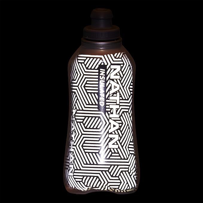 Nathan SpeedDraw 2 Insulated Handheld Running Water Bottle Flask 18oz – Double-Wall Insulation, Ergonomic Grip, Blast Valve Cap, Phone & Key Storage Pockets, Reflective Design