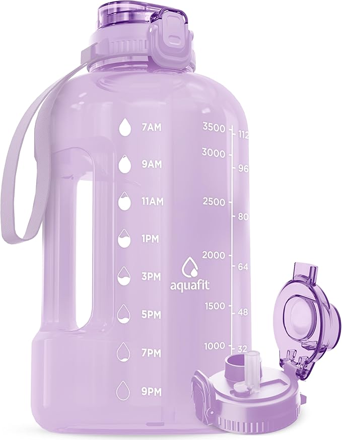 AQUAFIT 1 Gallon Water Bottle with Time Marker - Straw & Chug Lid - BPA Free Gym Water Bottle with Straw - Big Gallon Jug (Purple Haze, 128 oz - 2in1 Lid)