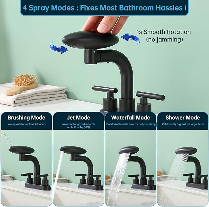 TUTEW Matte Black Pull-Down Bathroom Faucet – 4-Inch Widespread 3-Hole Design, 360° Swivel Spout, 4 Spray Modes with Pop-Up Drain, Easy Install