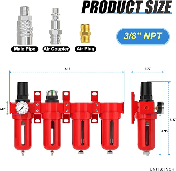 3/8" NPT Industrial Grade 4 Stage Aluminum Air Drying System, Coalescing Filter, Particulate Filter, Double Desiccant Dryer and Air Regulator,Manual Drain For Plasma Cutter and Paint Spray - AquaVibe