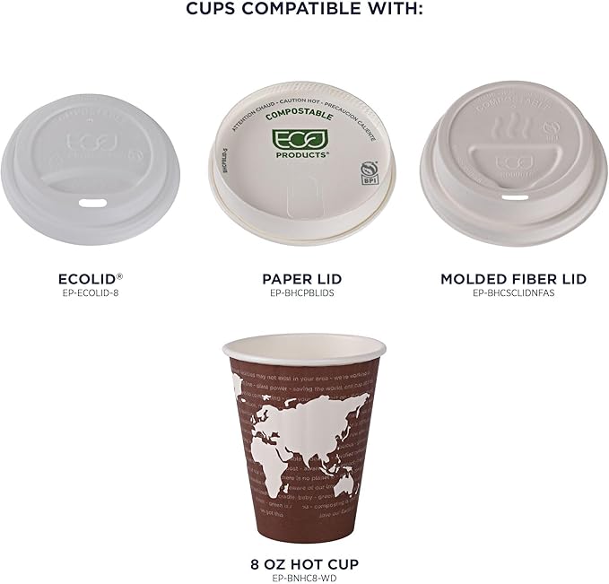 ECO PRODUCTS Compostable Disposable Insulated World Art 8oz Coffee Cups, Case of 800, Renewable Double-wall Hot Paper Cup, Plant Based PLA Lining, No Sleeves Needed, Color Coded
