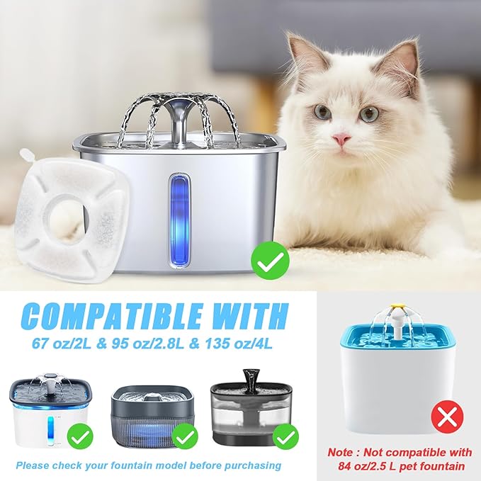 8 Pack Cat Water Fountain Replacement Filter, 4 Pcs Cat Fountain Filters & 4 Pcs Pre-Filter Sponges for 95oz/2.8L 135oz/4L 67oz/2L Automatic Pet Cats Dog Water Fountain Dispenser Filters